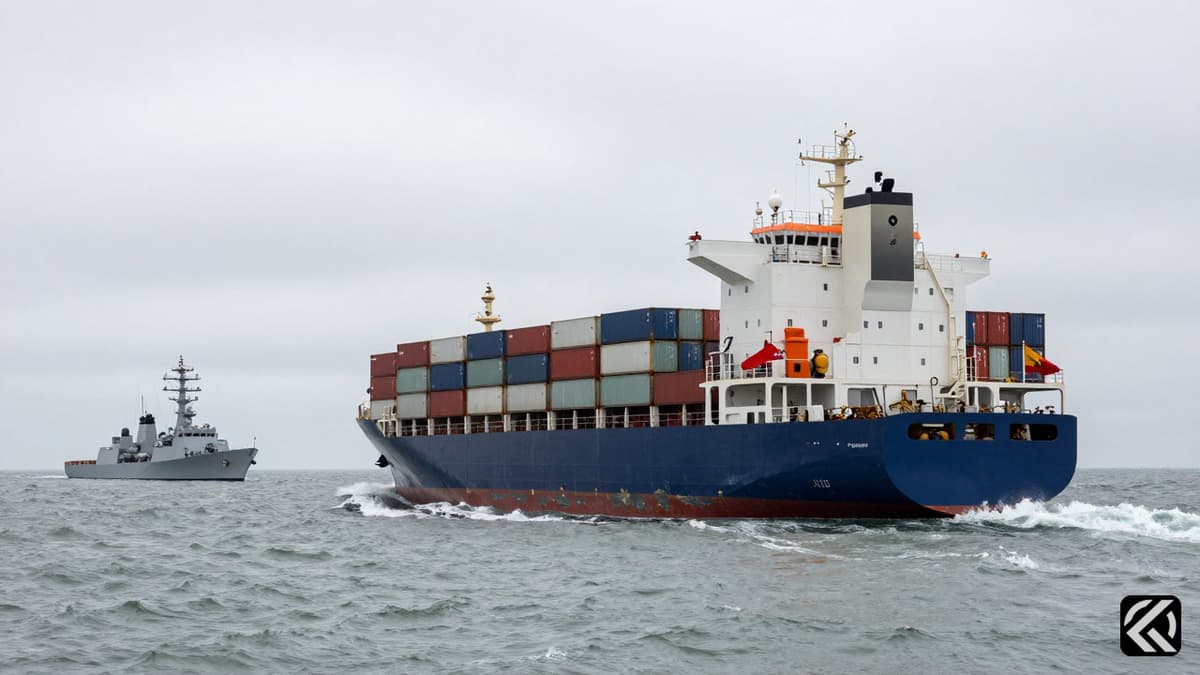 A naval ship pursuing a container vessel in a turbulent sea under grey skies.