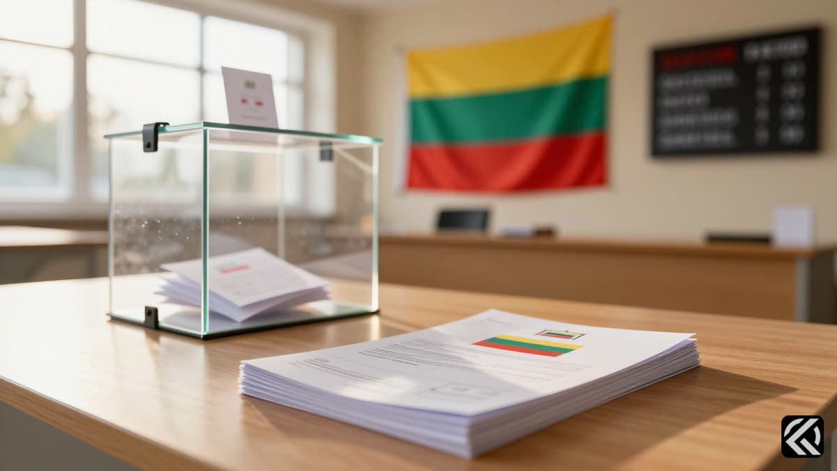 A dimly lit Bulgarian polling station interior featuring ballot boxes and national flags on election day.
