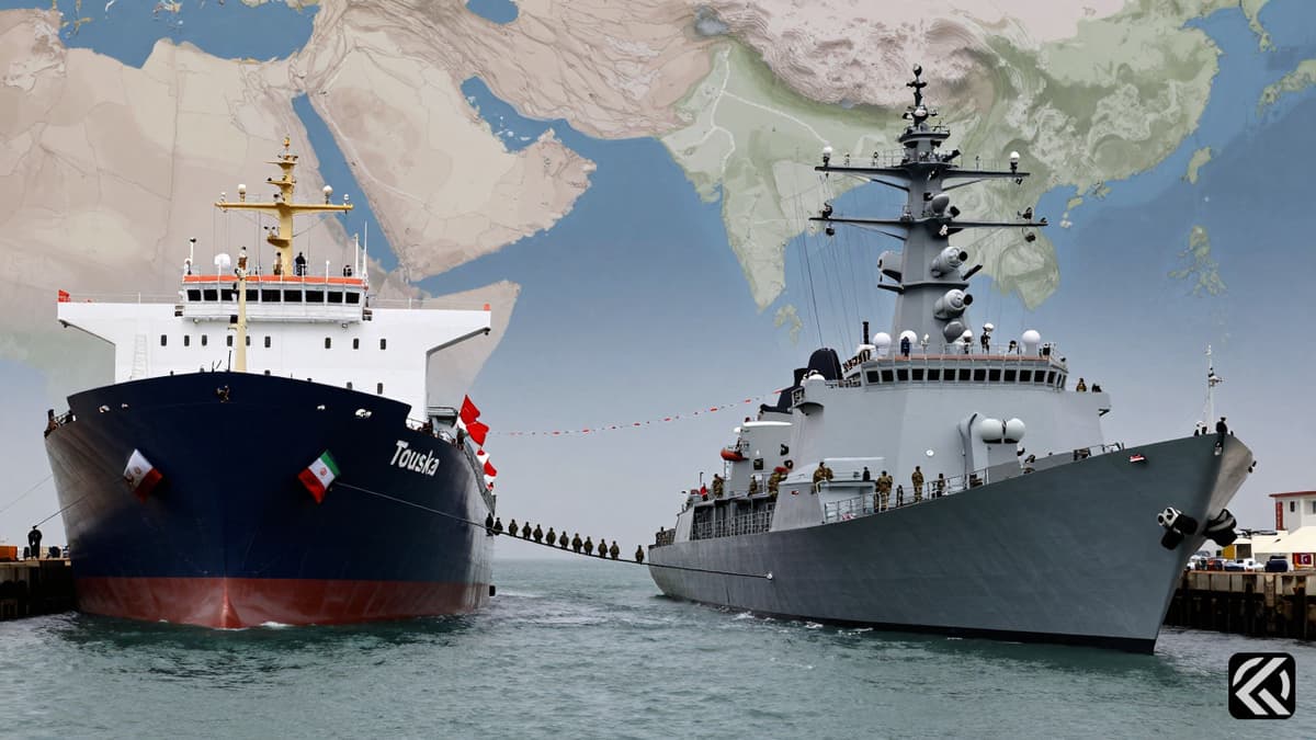 A realistic photo of US and Iranian naval vessels in the Strait of Hormuz during a tense standoff.