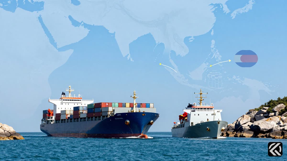 A cargo ship navigating a maritime strait with naval escort and transparent flag overlays symbolizing India-South Korea cooperation.