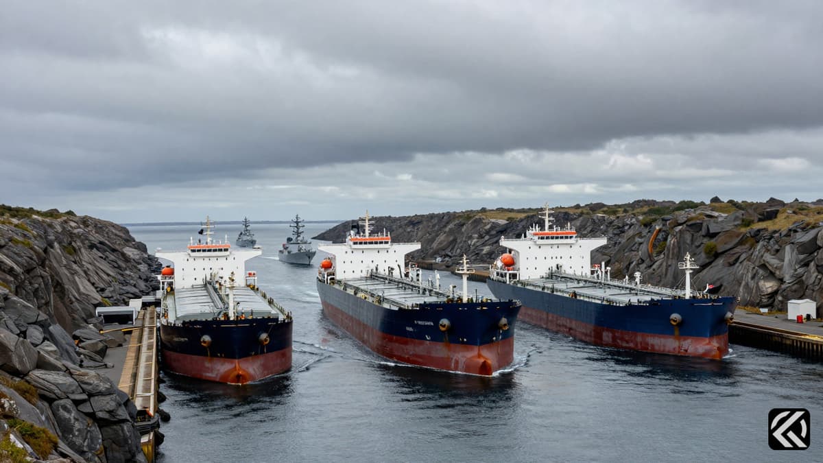 Naval vessels and oil tankers navigating a narrow waterway under an overcast sky, symbolizing maritime tension.