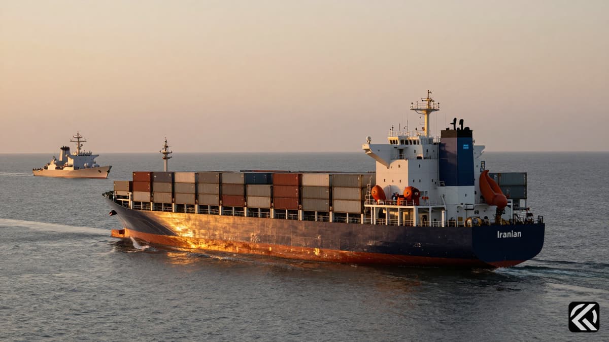A container ship and destroyer on the Strait of Hormuz during the seizure operation.