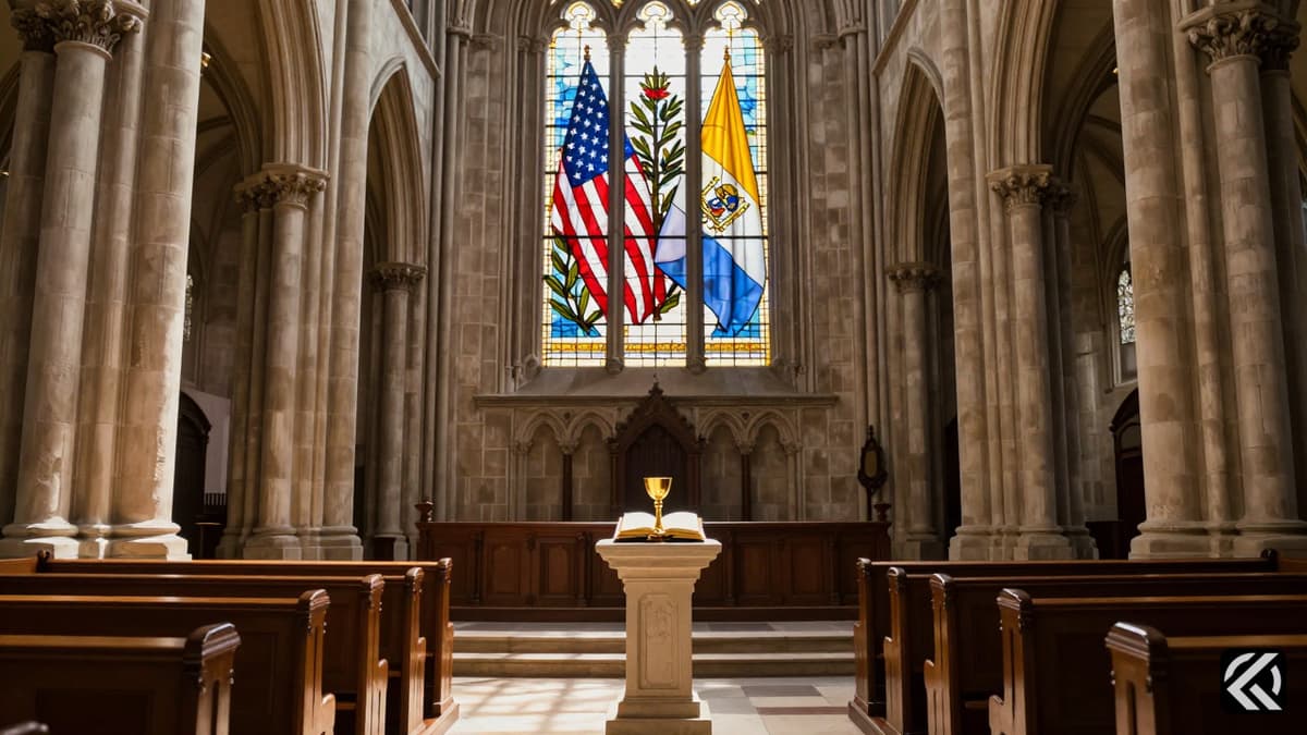 Sunlight illuminates pews and a stained-glass window blending American and Vatican flags inside a historic cathedral.