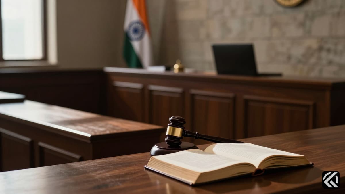 Empty courtroom with judge's bench and gavel symbolizing judicial authority