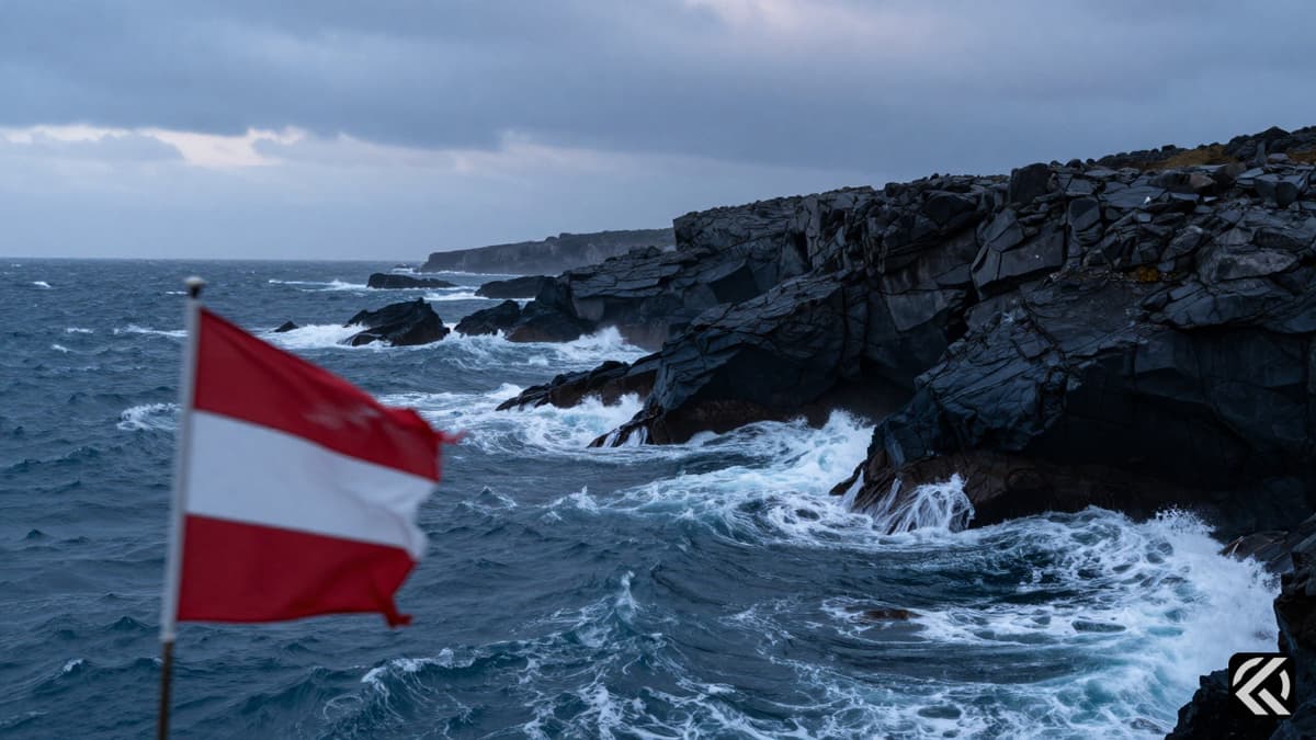 Dark coastal cliffs meeting a turbulent ocean under heavy clouds with a tattered red and white warning flag.