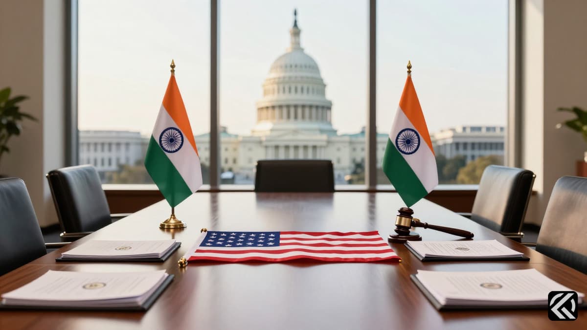 A formal conference table with American and Indian flags and documents ready for bilateral trade negotiations.