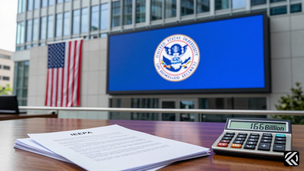A modern government office featuring official IEEPA documents and a US flag on a desk with a calculator showing the refund amount.