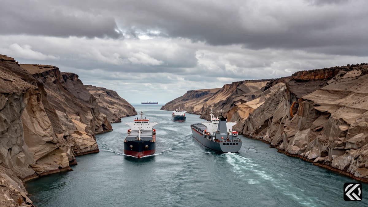 A realistic view of a busy naval choke point with cargo ships and a naval vessel navigating a narrow waterway under overcast skies.