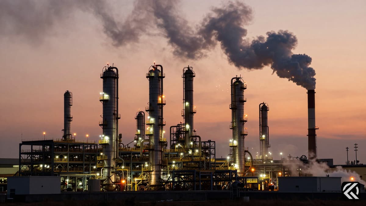 Thick smoke rising from industrial distillation units at a refinery complex during an emergency.