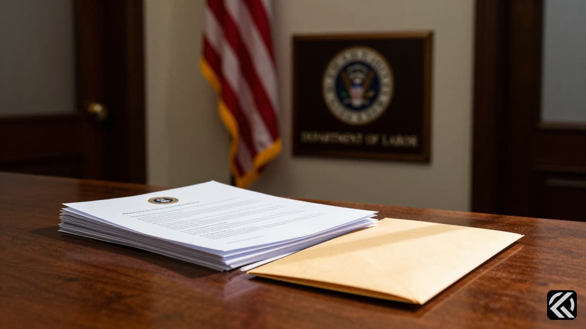 Department of Labor documents on a desk with US flag in background symbolizing official investigation.