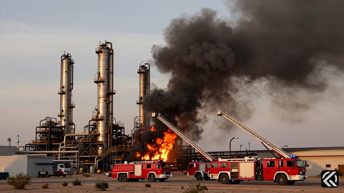 Massive fire engulfing HPCL Rajasthan Refinery Limited industrial towers with smoke billowing into the sky