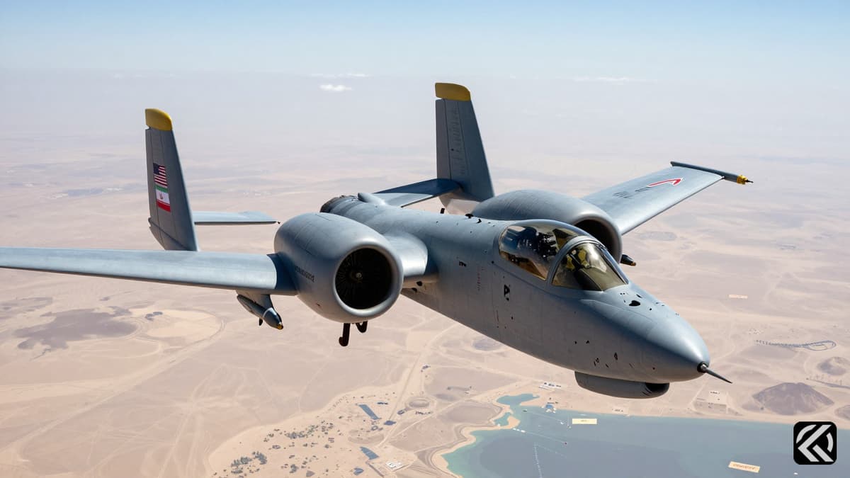 A grey A-10 Thunderbolt jet flying over a desert landscape with US and Iranian flags in the sky.
