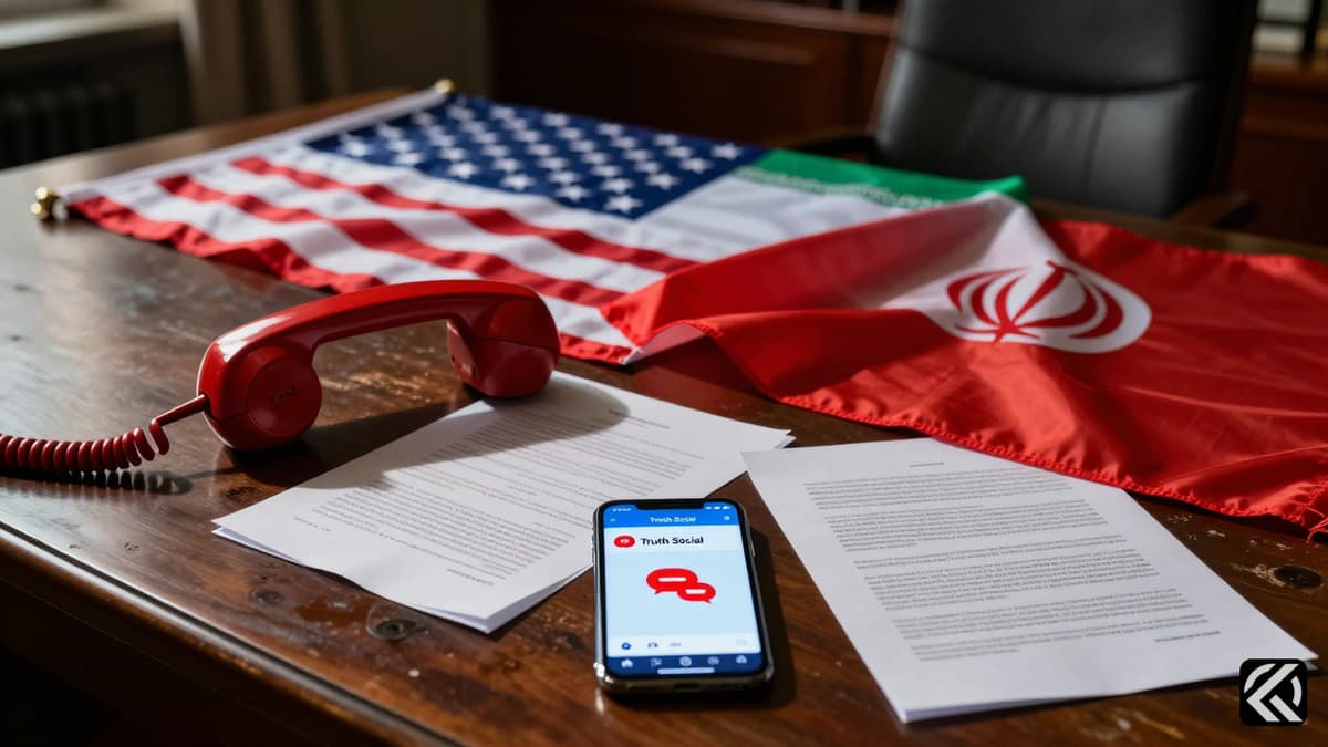 A symbolic photo of a diplomatic desk with tangled US and Iranian flags and a smartphone showing social media notifications.