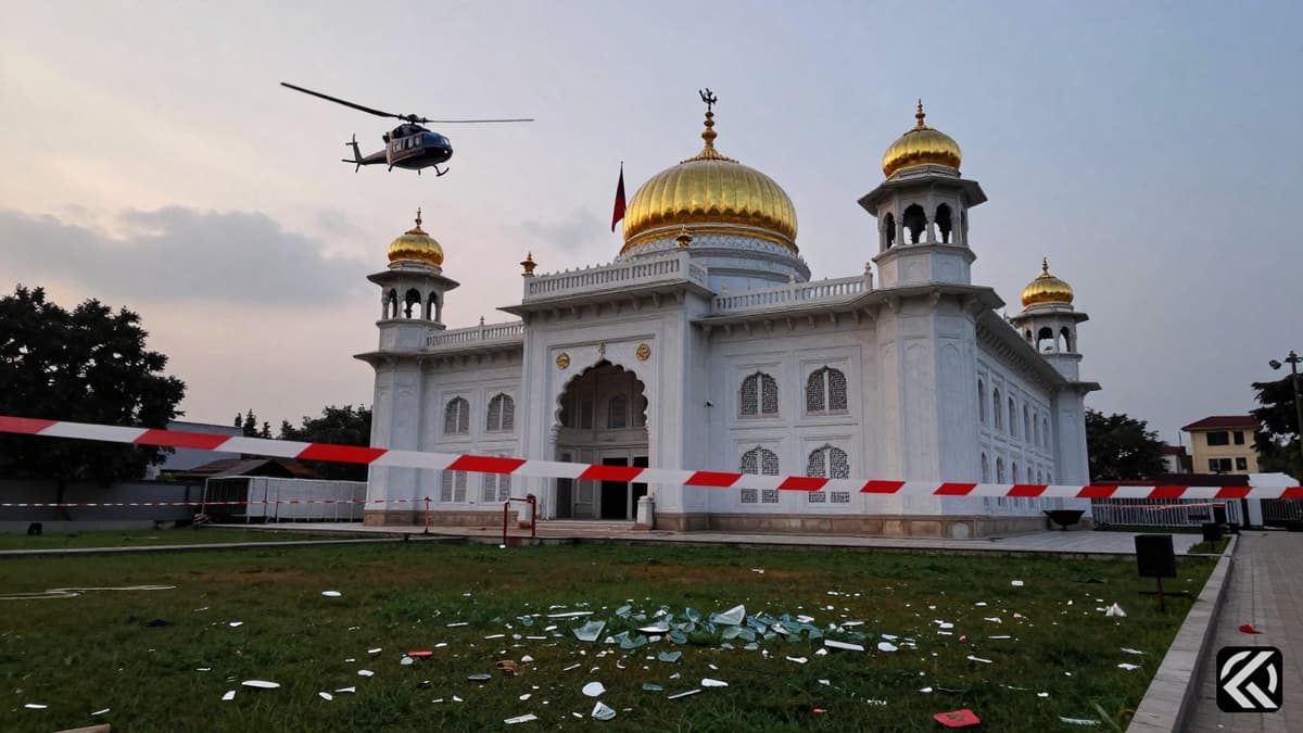 Police tape and debris outside a Sikh temple with a helicopter overhead.