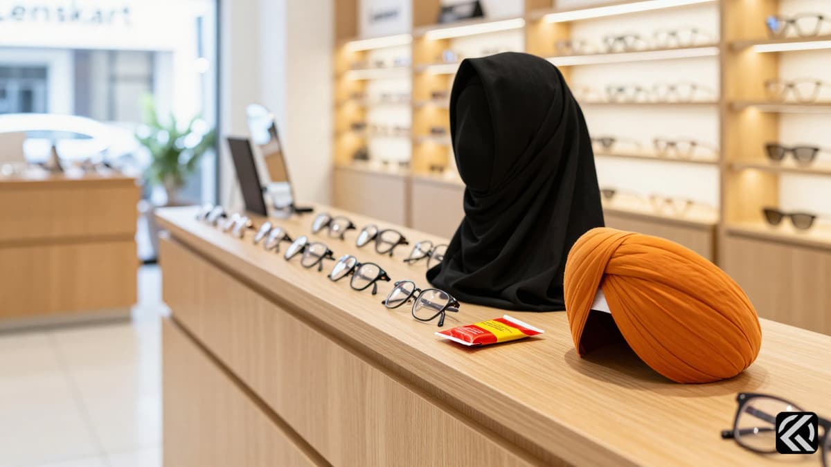 Eyewear store counter with tilak, hijab, and turban symbols representing religious diversity in a retail environment.