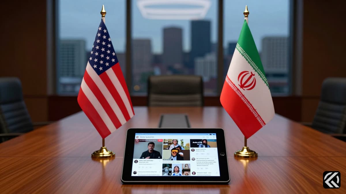 A diplomatic table with US and Iranian flags separated by a tablet showing social media posts.