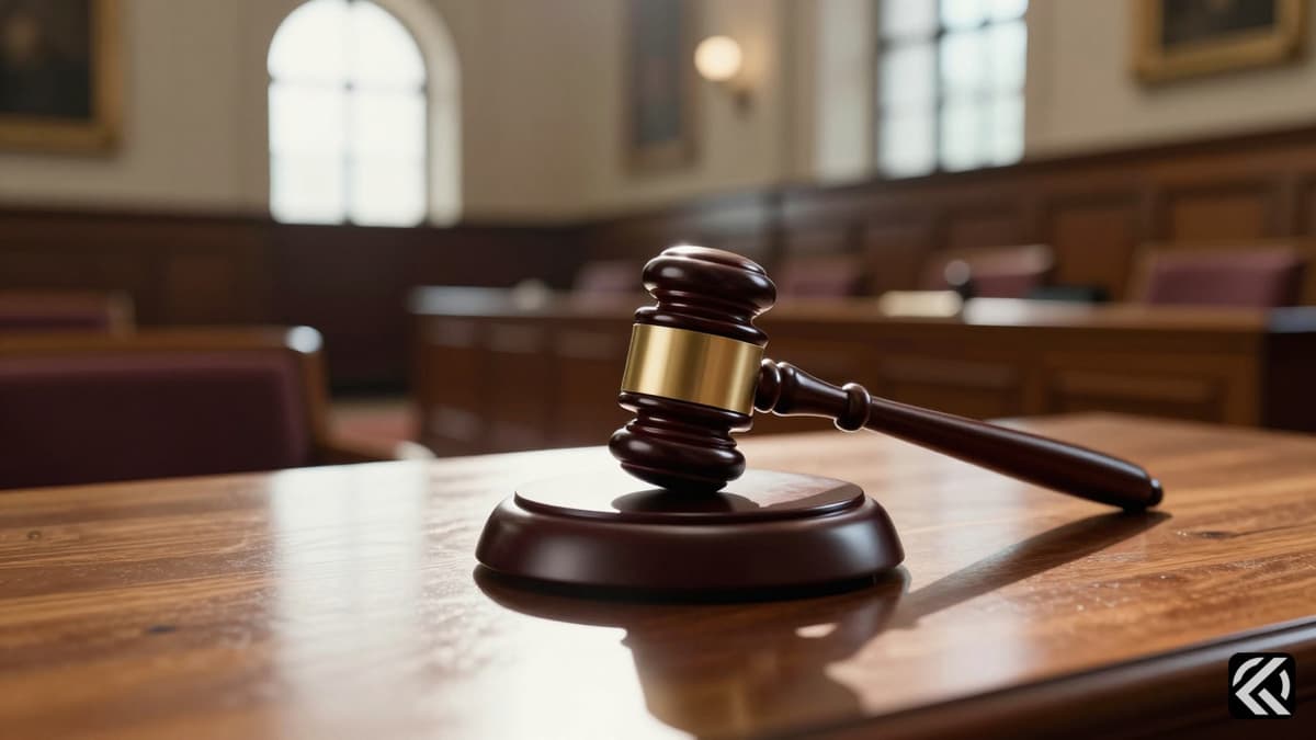 Photorealistic close-up of a wooden gavel on a legislative desk in an empty chamber.