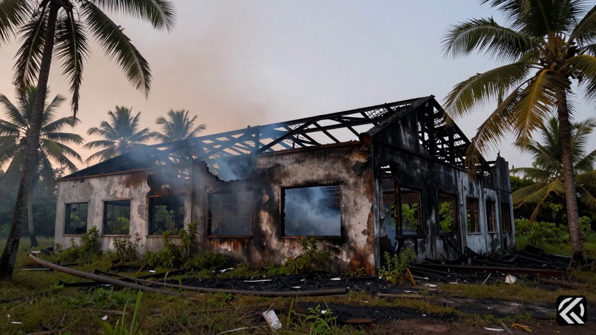 Charred industrial building ruins with smoke rising after a factory explosion.