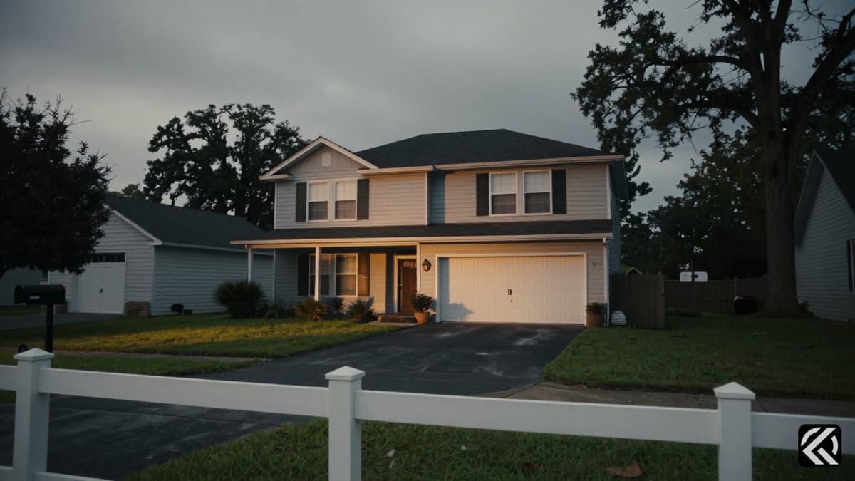 A somber dawn view of a suburban Shreveport home where a tragedy occurred, with no people visible.