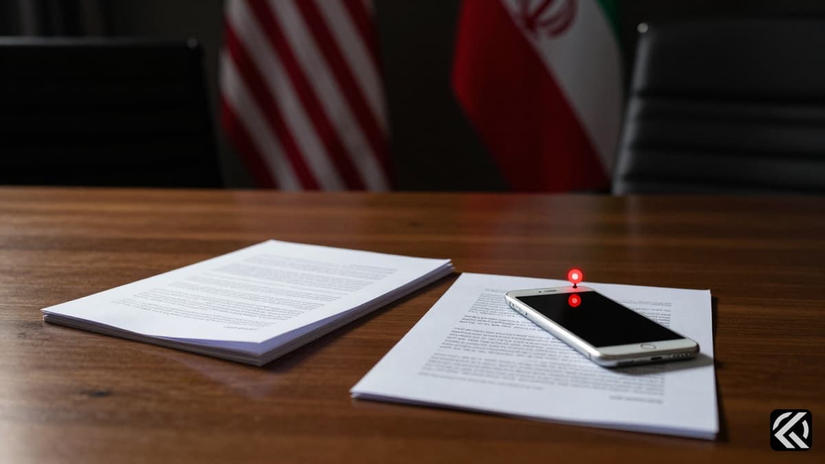 A tense negotiation table with US and Iranian flags, documents, and a glowing phone symbolizing social media disruption.
