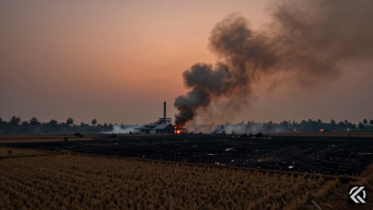 Smoke rises from a burnt paddy field where a fireworks unit was destroyed, with debris scattered across the scarred ground.