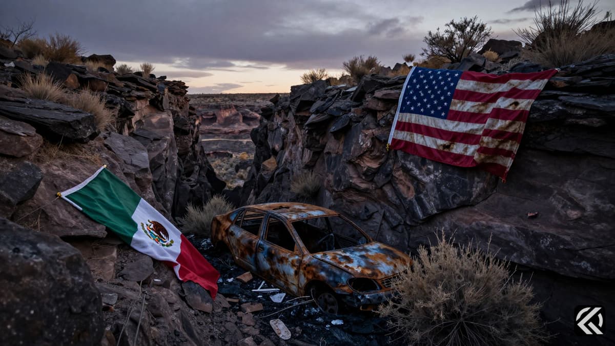 Wreckage of a crashed vehicle in a Mexican ravine with national flags nearby