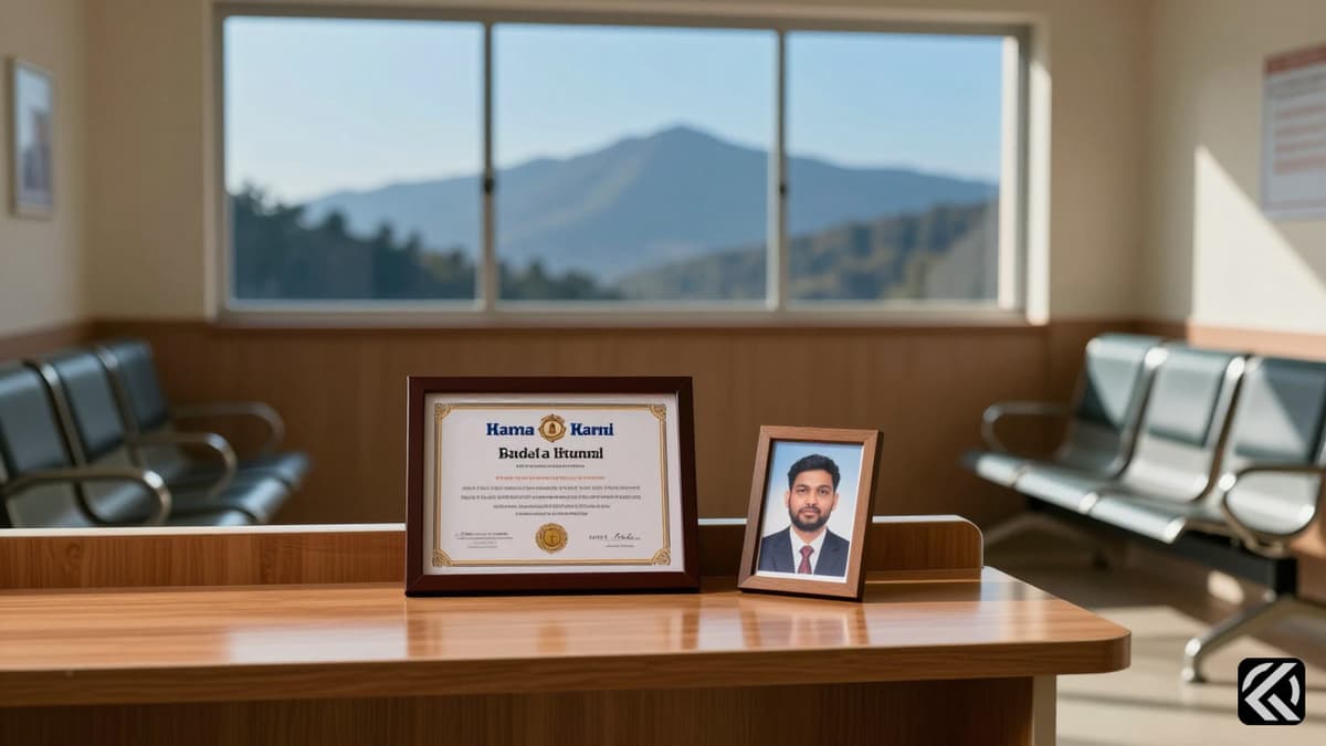 A quiet hospital room with a framed photo and certificate, with mountains visible through a window, symbolizing memory and resilience after a tragedy.