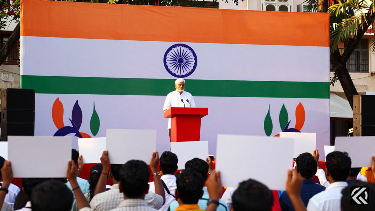 A realistic daytime crowd gathered at a political rally in Chennai with flags and blank placards.