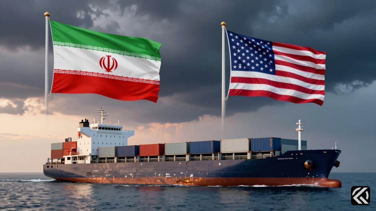 A cargo ship on calm waters with Iranian and US flags in the background symbolizing diplomatic tension.