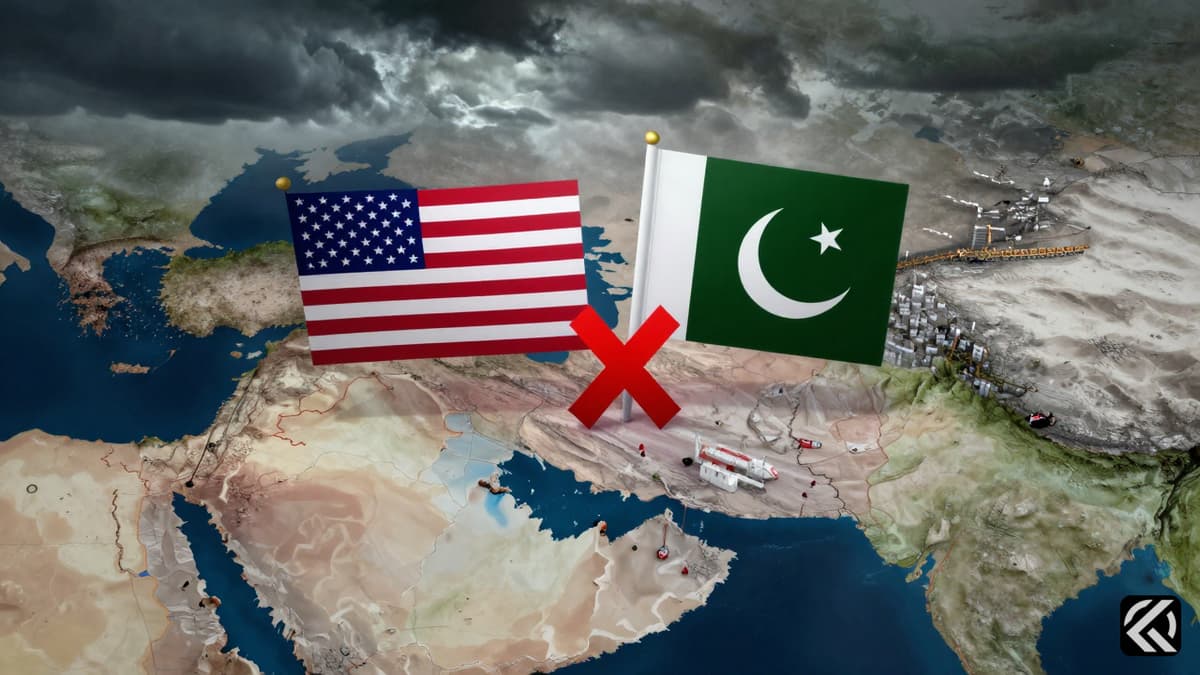 Digital map of the Middle East showing US and Pakistan flags meeting over a blocked Iranian port during conflict.