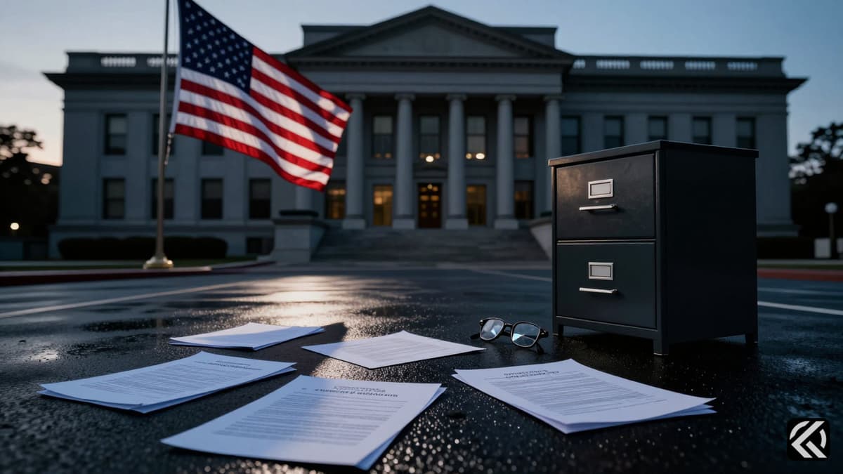 Silhouettes of documents and glasses on wet pavement before a federal building during a government investigation.