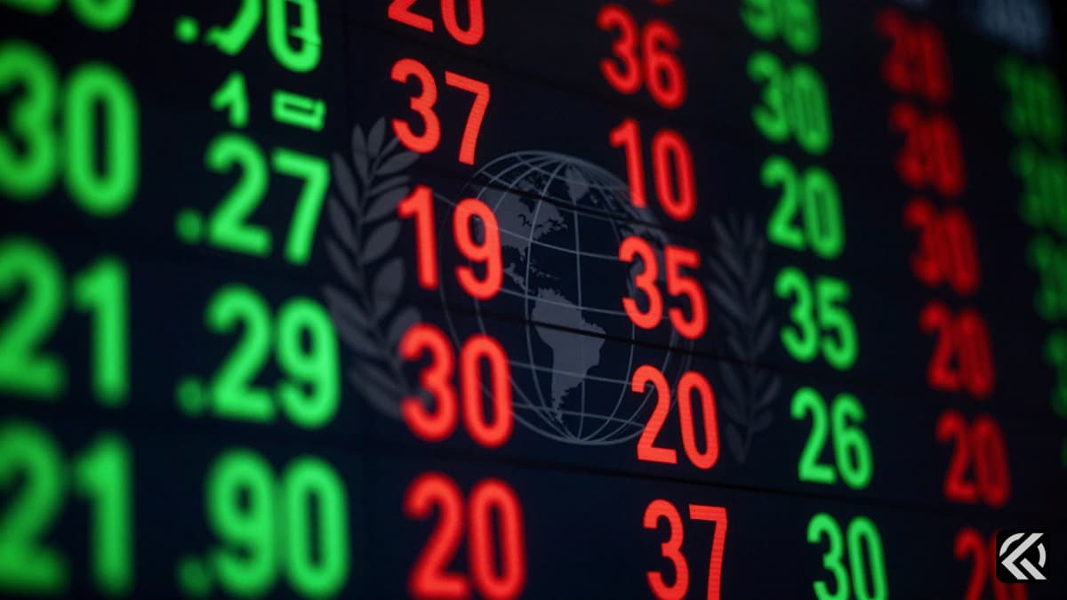 A digital market display showing fluctuating numbers symbolizing oil prices, with faint olive branches in the background representing peace talks.