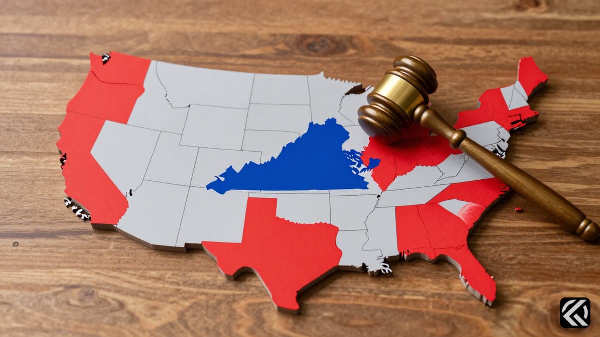 A realistic map of the US with Virginia highlighted in blue and a gavel resting on the table.