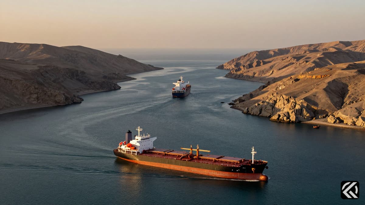 Oil tanker navigating the Strait of Hormuz waters near arid coastlines at sunset.