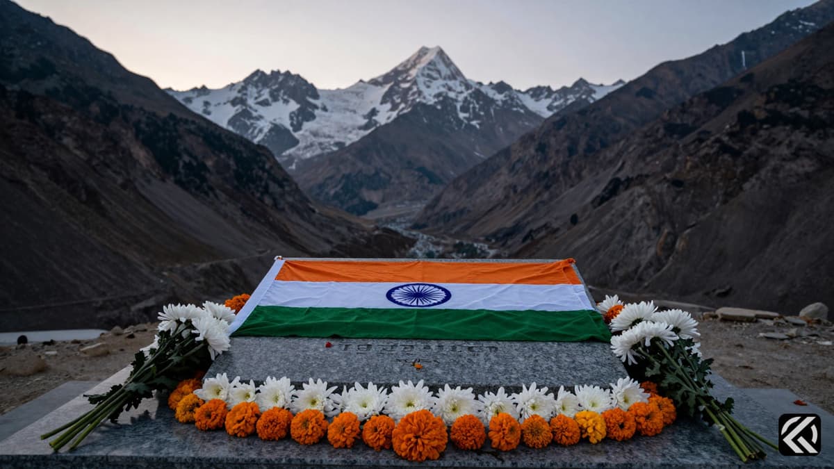 Indian flag and flowers at a mountain memorial symbolizing the Pahalgam terror attack.