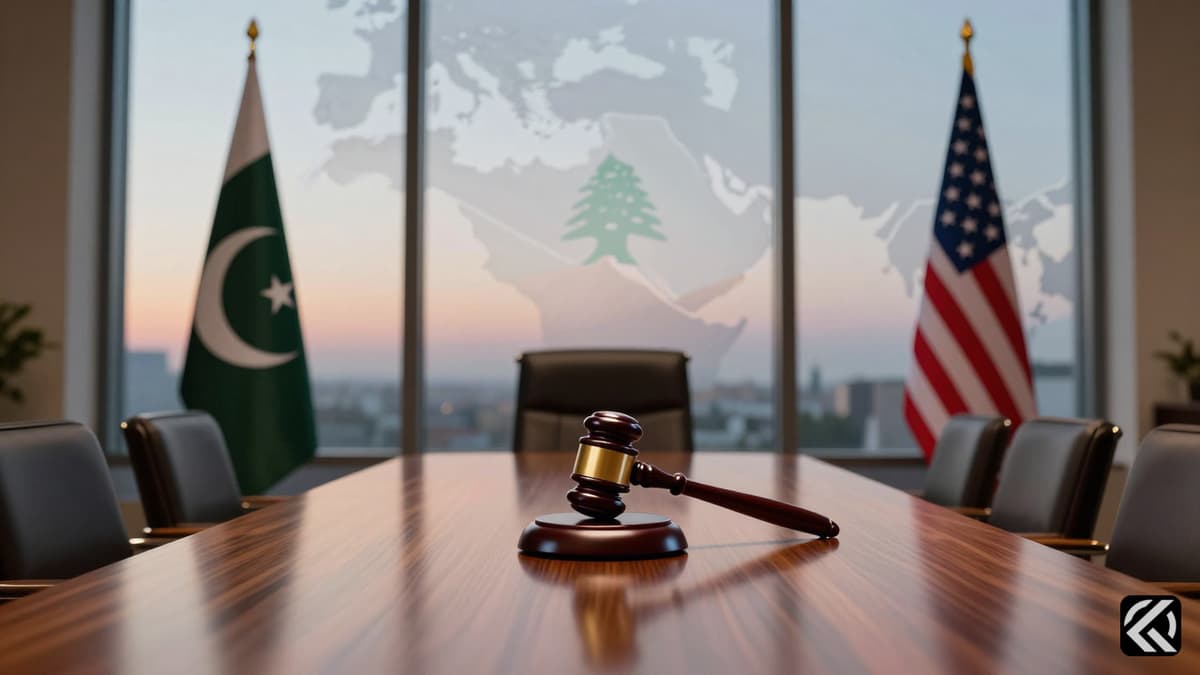 A symbolic diplomatic table with Pakistan and US flags overlooking a Middle East map, representing the Iran ceasefire talks.