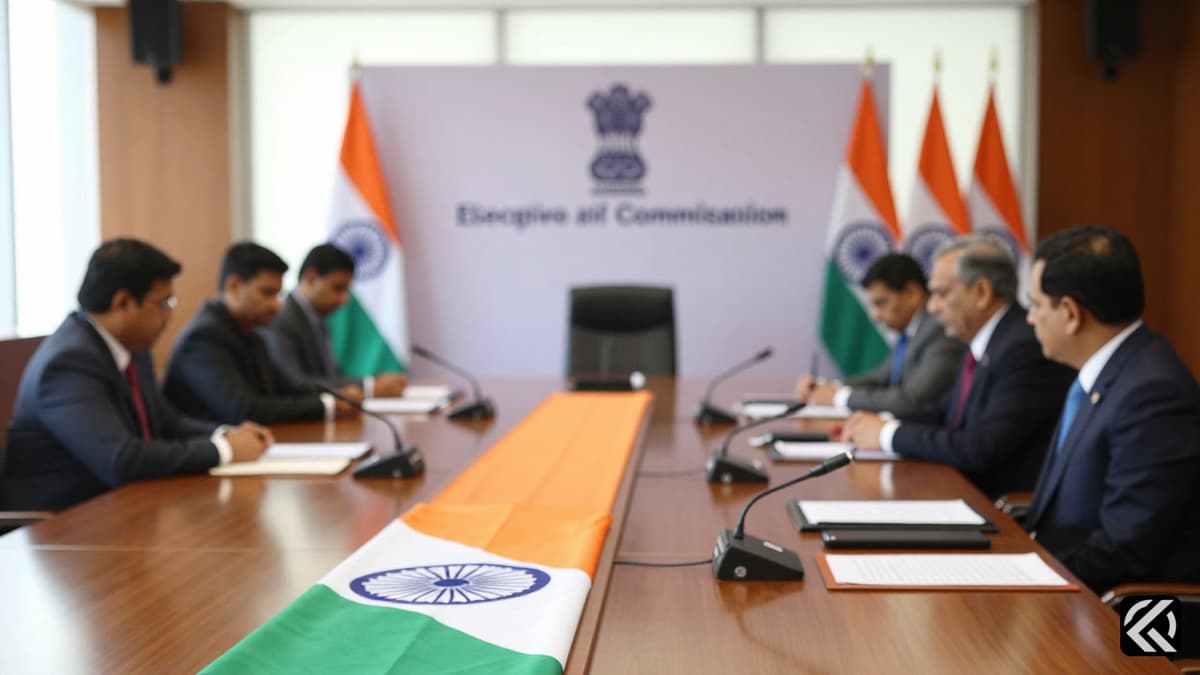 Realistic photo of a formal meeting room with the Election Commission emblem and Indian flag, symbolizing a high-stakes political inquiry.