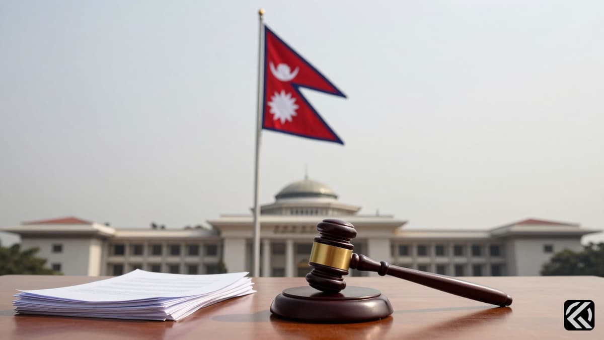 Nepali flag waving over a gavel and documents on a desk, symbolizing political scrutiny.