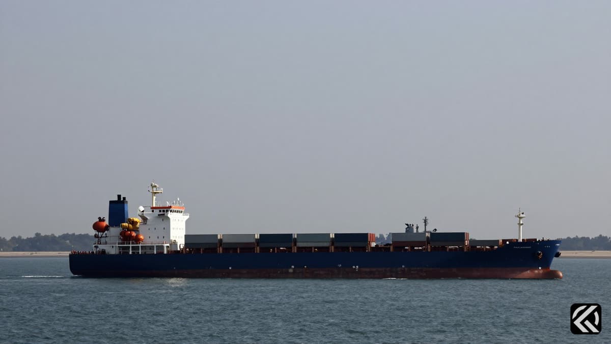 Container ship stationary in the Strait of Hormuz near the Iranian coast under grey skies.