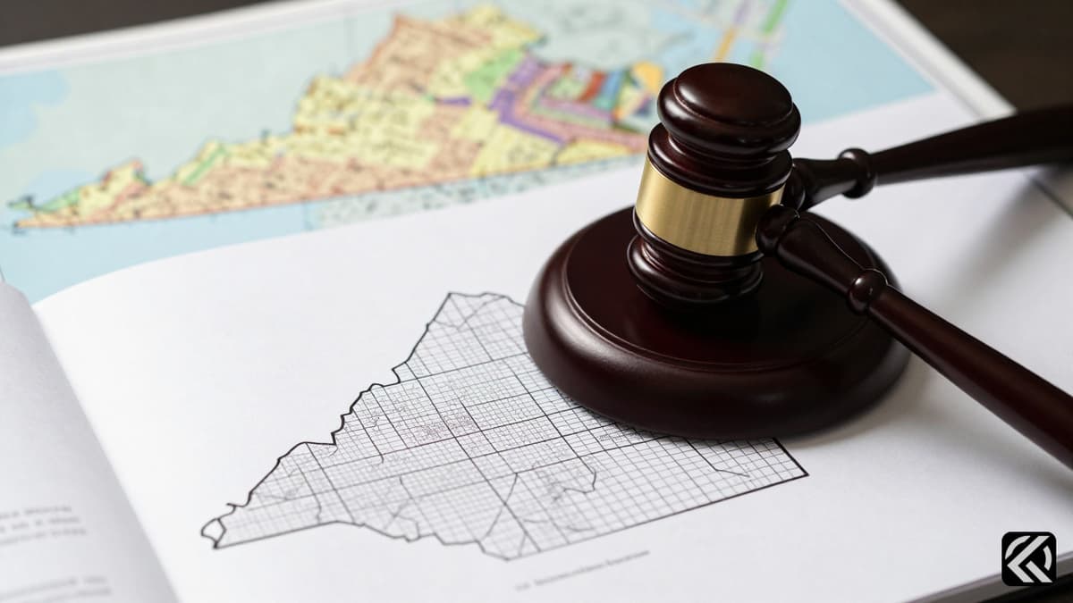 Wooden gavel on legal document with Virginia district lines map background