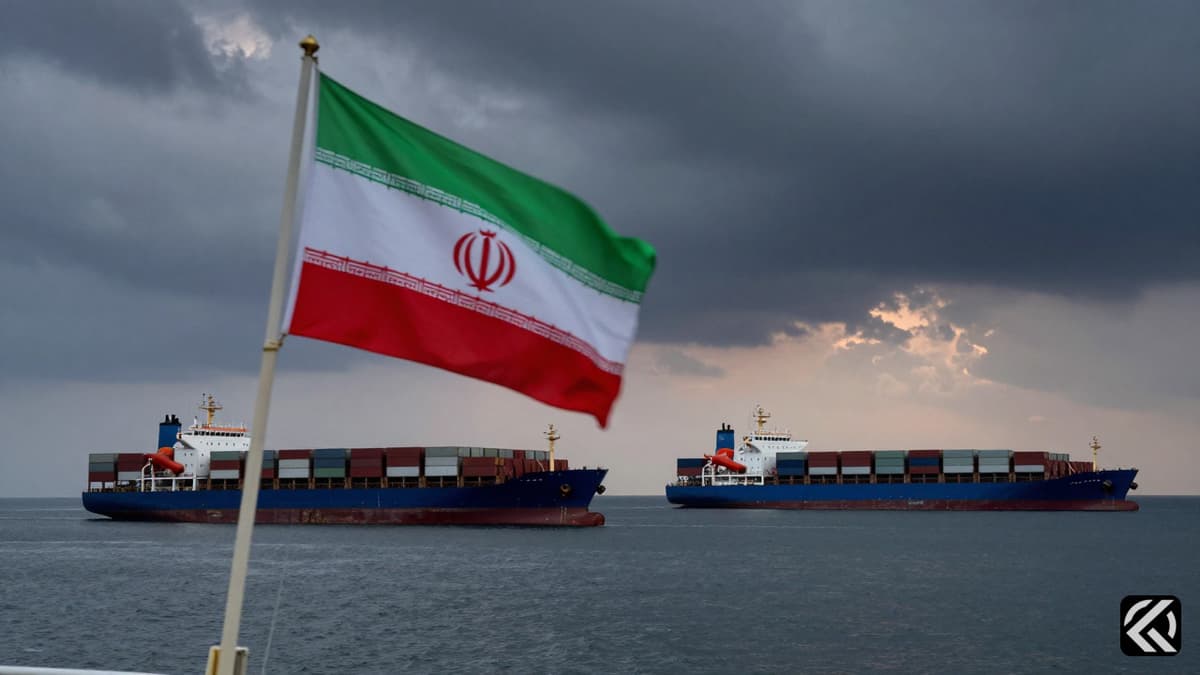 Two large container ships anchored in the Persian Gulf under cloudy skies near an Iranian flag.