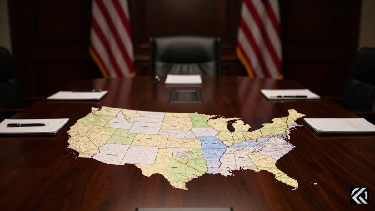 Political maps and documents on a conference table during a strategic meeting.