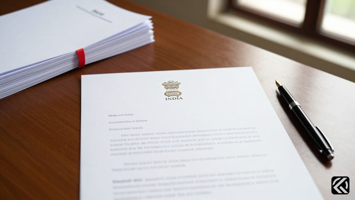 Official government notice on a desk with Indian emblem and pens.