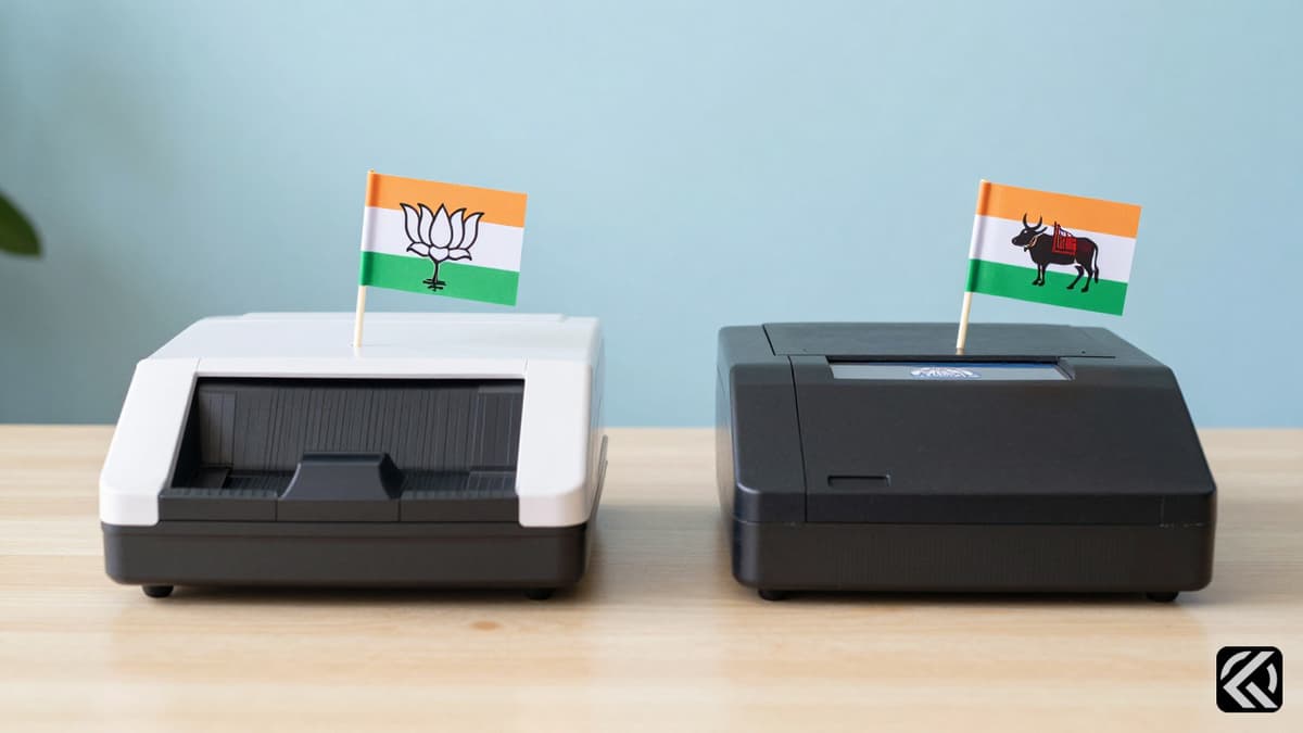 EVMs for Tamil Nadu and West Bengal elections with party flags on a table