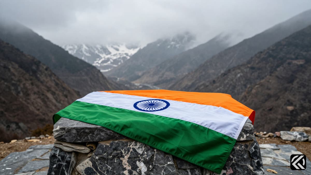 Indian flag draped on a stone monument in a misty mountain valley symbolizing unity.