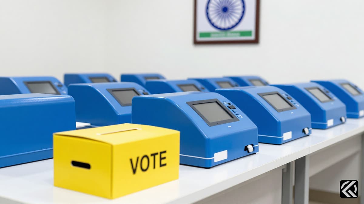 Blue electronic voting machines and a ballot box in a polling station.