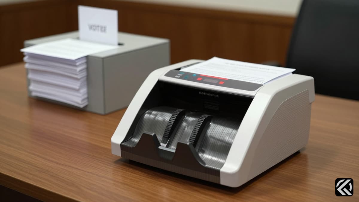Electronic voting machine and ballot box in a quiet polling station setting for West Bengal elections.