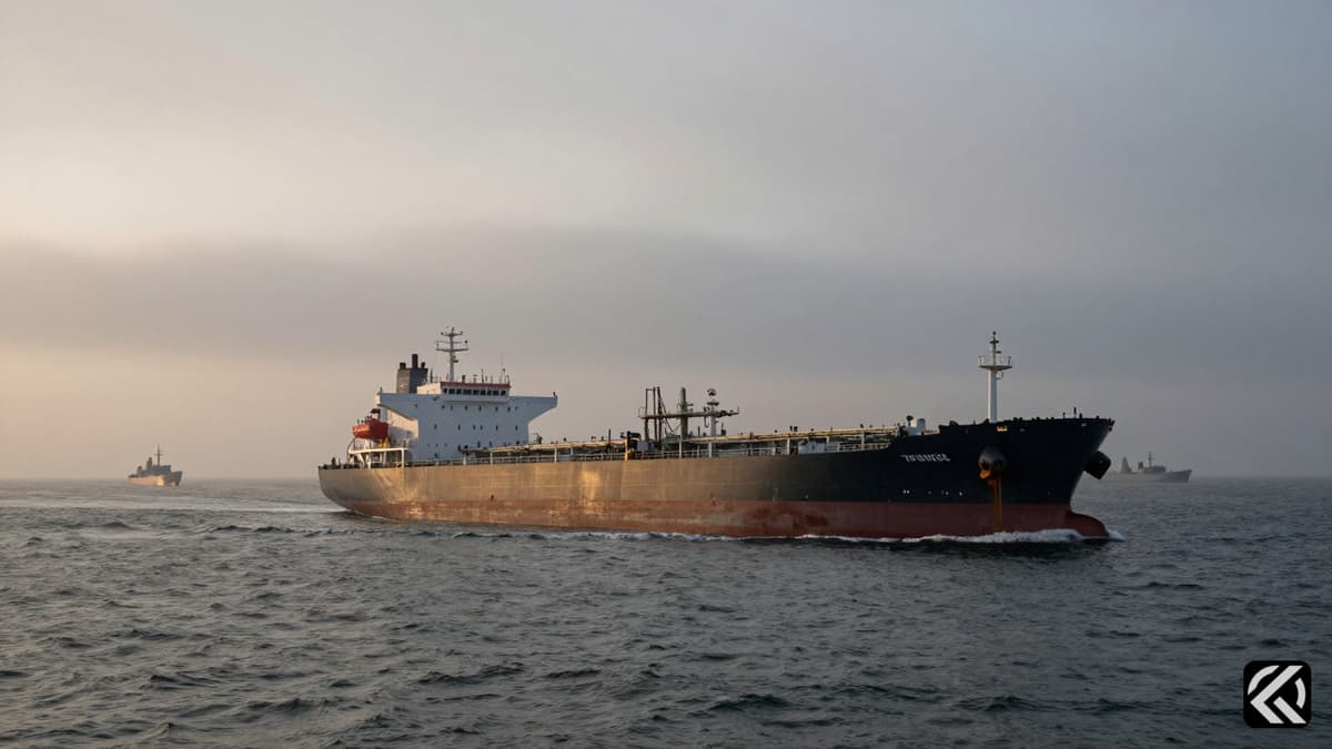 Oil tanker in Strait of Hormuz with naval vessels, symbolizing Iran Strait of Hormuz blockade and rising tensions.