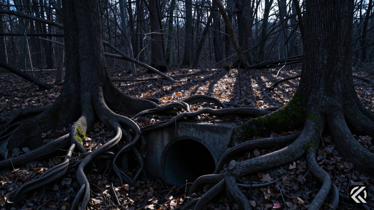 Dense Memphis woods with a concrete drainage pipe hidden among roots