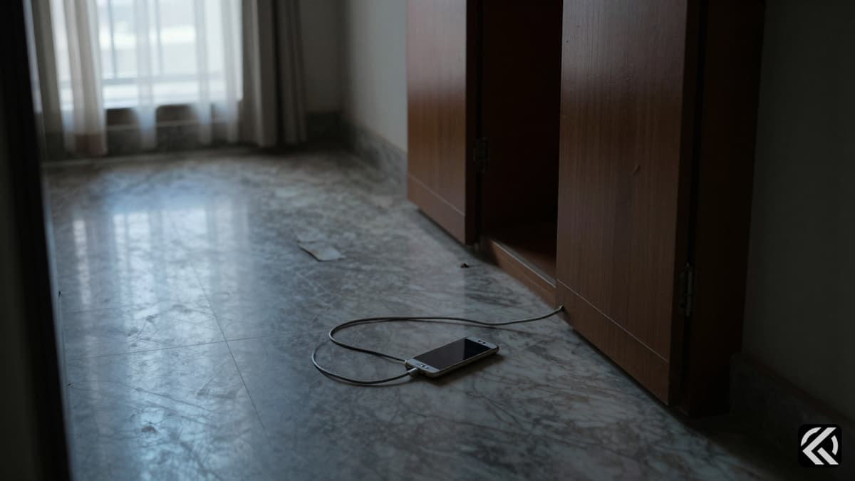 Ransacked cupboard and charging cable on Delhi apartment floor.